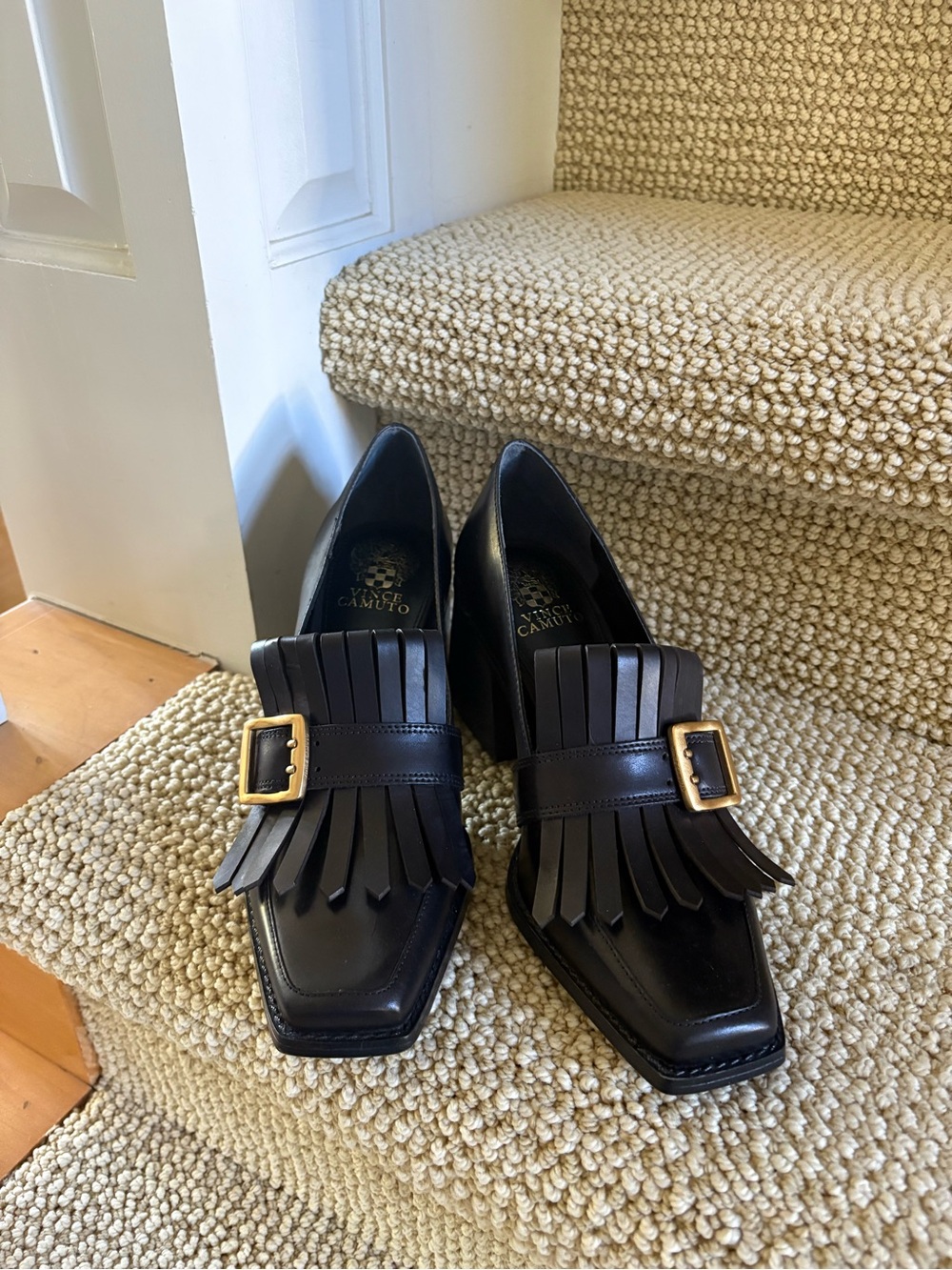 Vince Camuto Black Kiltie Heels with Gold Buckle Detail